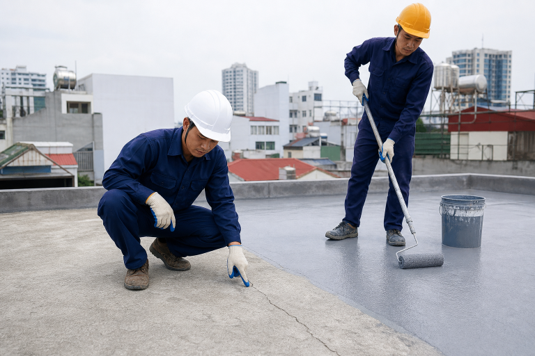 Thợ thi công chống thấm sân thượng bằng lớp phủ chuyên dụng