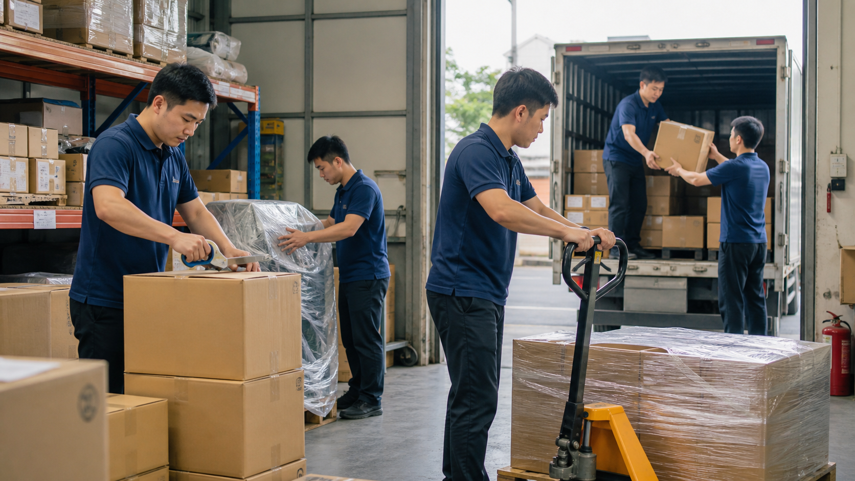 Đội vận chuyển đang đóng gói và chuyển hàng trong kho xưởng