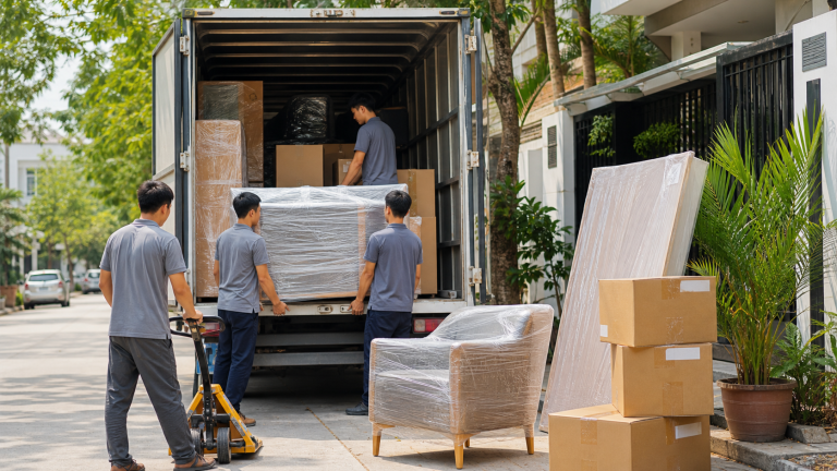Đội chuyển nhà bốc xếp đồ đã bọc lên xe tải đường dài