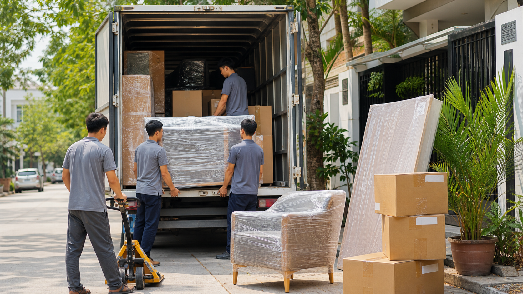 Đội chuyển nhà bốc xếp đồ đã bọc lên xe tải đường dài