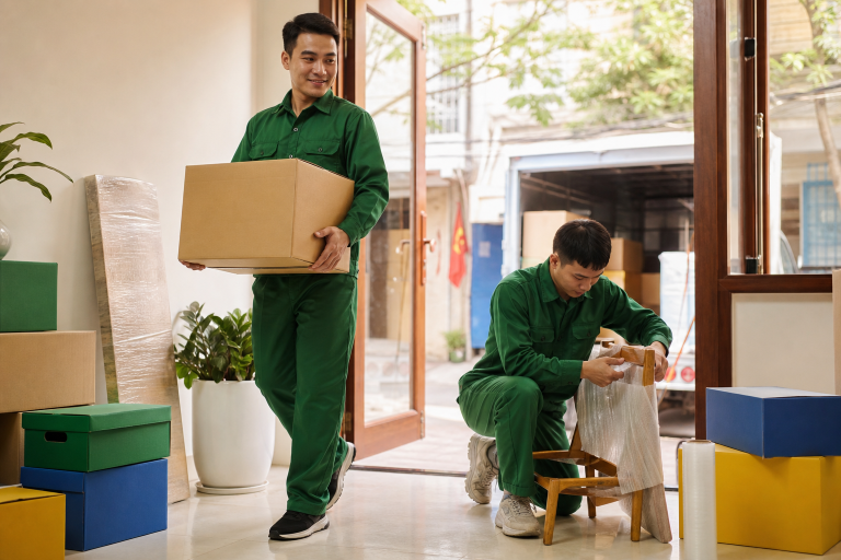 Nhân viên chuyển nhà đóng gói và vận chuyển đồ đạc cẩn thận