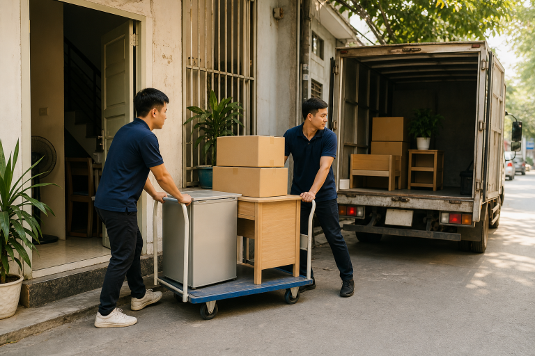 Nhân viên chuyển phòng trọ bằng xe tải nhỏ và xe đẩy