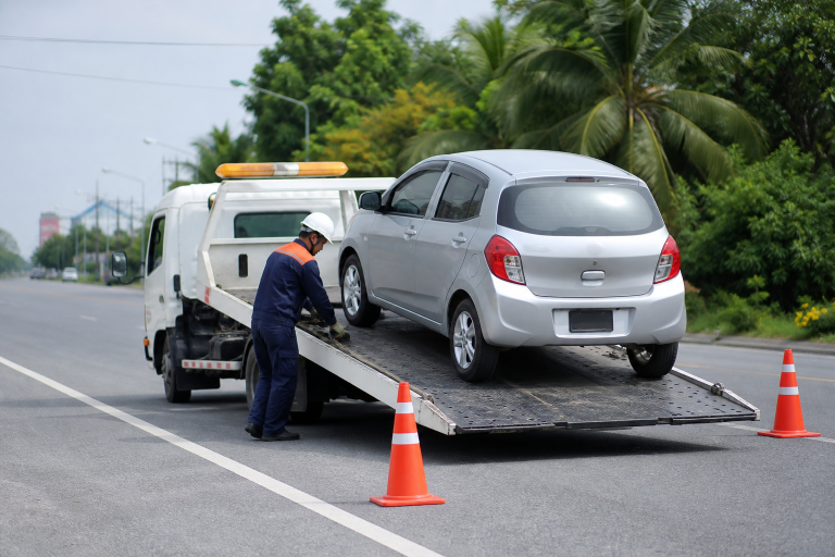 Xe cứu hộ sàn chở ô tô gặp sự cố bên đường