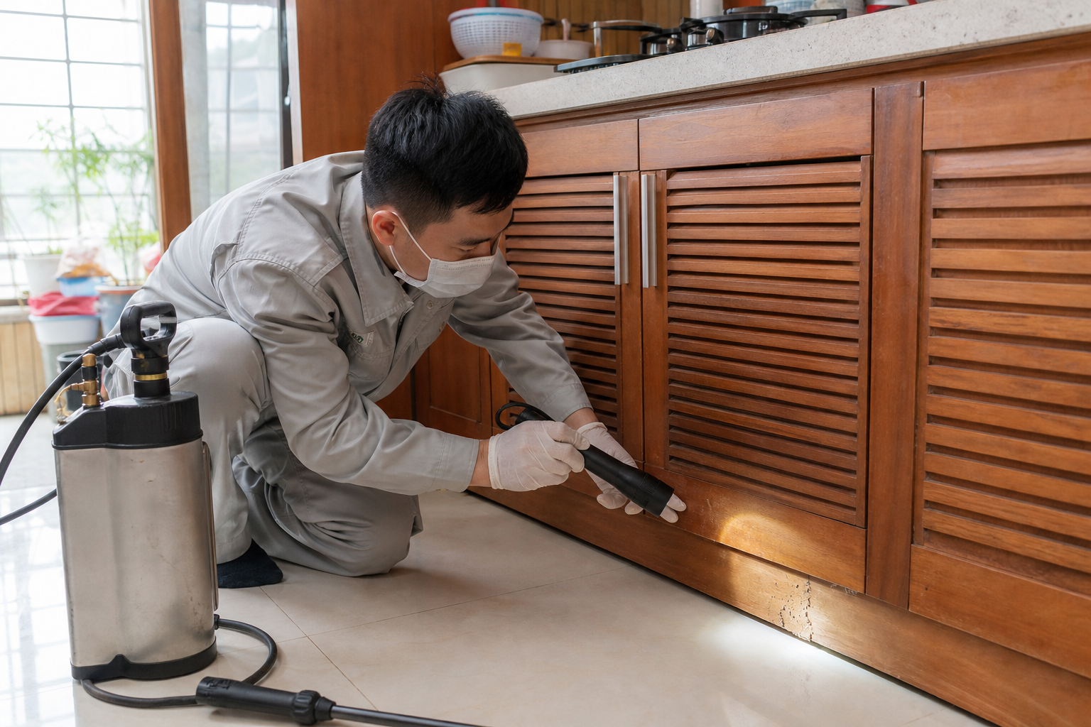 Kỹ thuật viên kiểm tra dấu hiệu mối tại tủ gỗ trong nhà