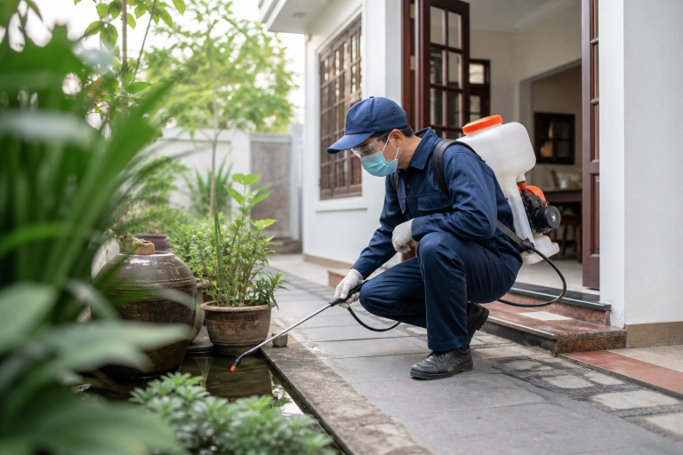 Kỹ thuật viên kiểm soát muỗi tại khu vực sân nhà