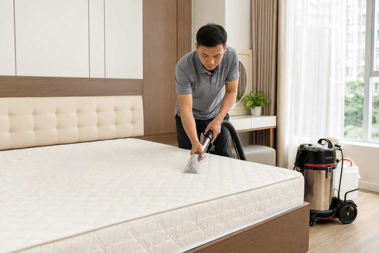 Kỹ thuật viên giặt nệm tại nhà bằng máy phun hút chuyên dụng