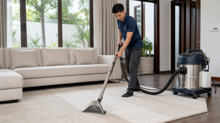 Nhân viên dùng máy phun hút giặt thảm tại nhà