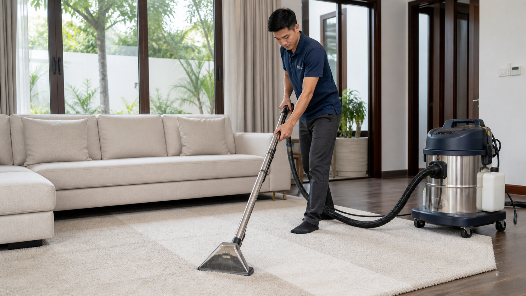 Nhân viên dùng máy phun hút giặt thảm tại nhà