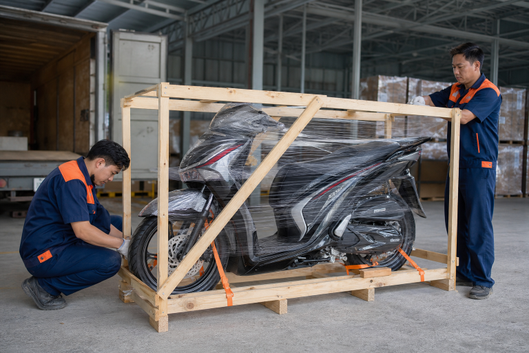 Nhân viên đóng khung bảo vệ xe máy để vận chuyển Bắc Nam