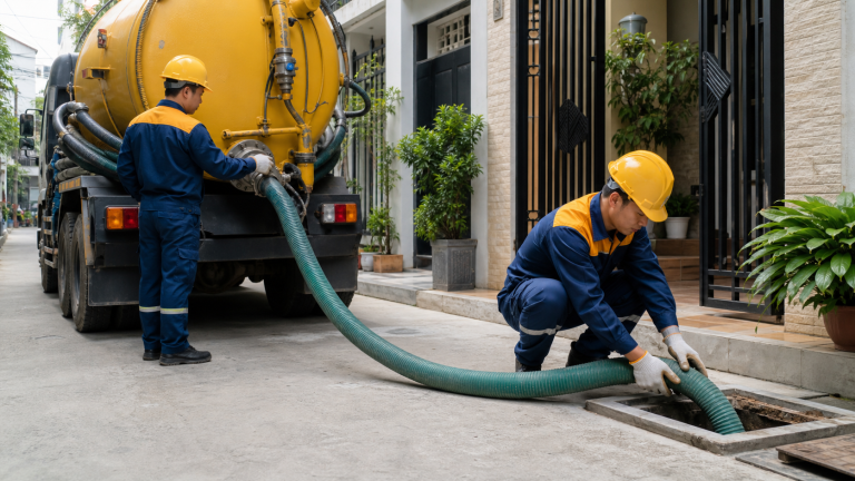 Nhân viên thực hiện dịch vụ hút hầm cầu tại nhà phố