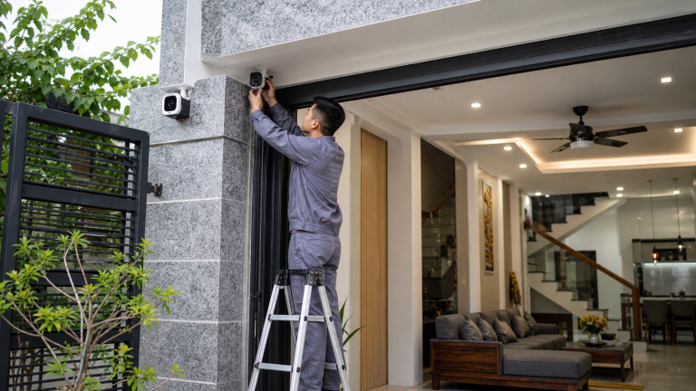 Kỹ thuật viên lắp đặt camera an ninh tại cửa nhà Việt Nam