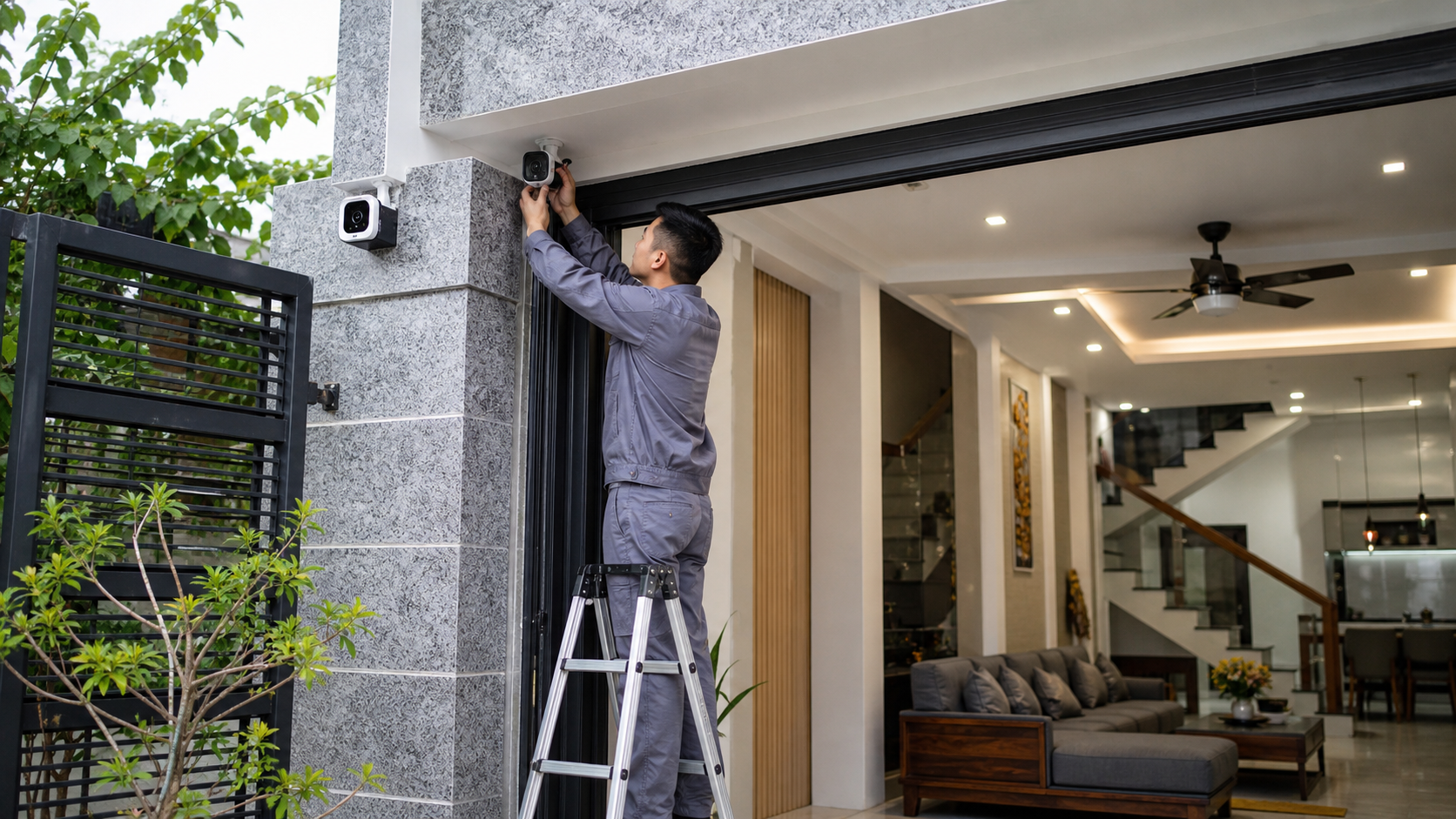 Kỹ thuật viên lắp đặt camera an ninh tại cửa nhà Việt Nam