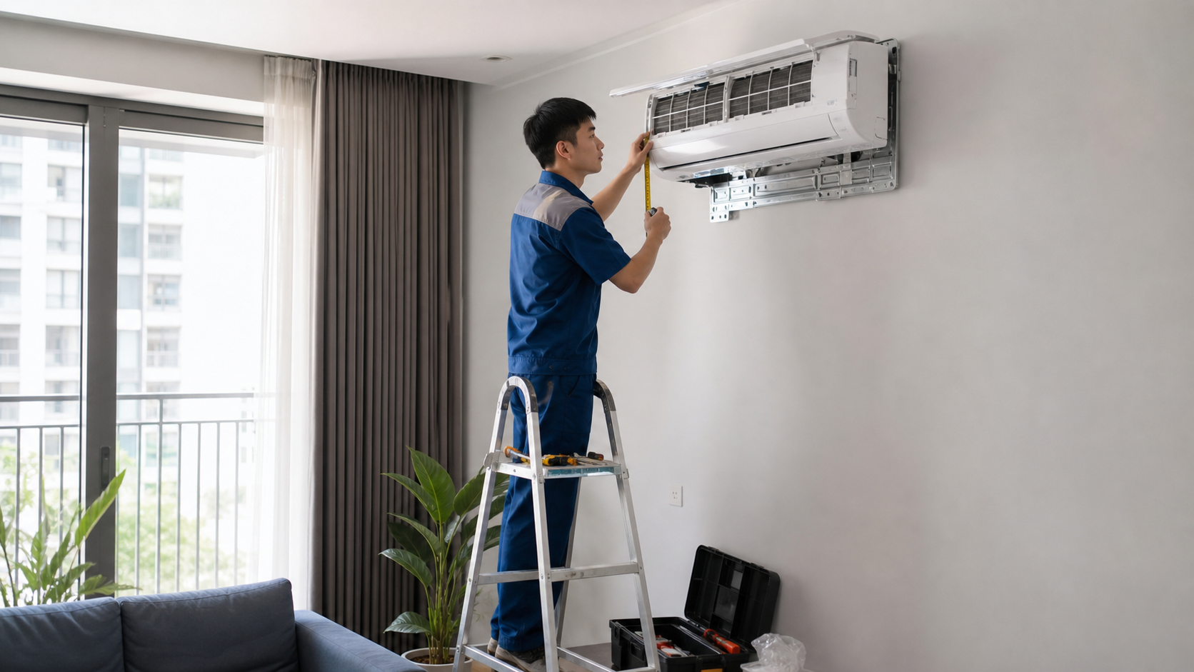 Kỹ thuật viên lắp đặt máy lạnh treo tường trong căn hộ