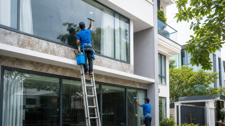 Nhân viên lau kính mặt ngoài nhà phố bằng dụng cụ chuyên dụng