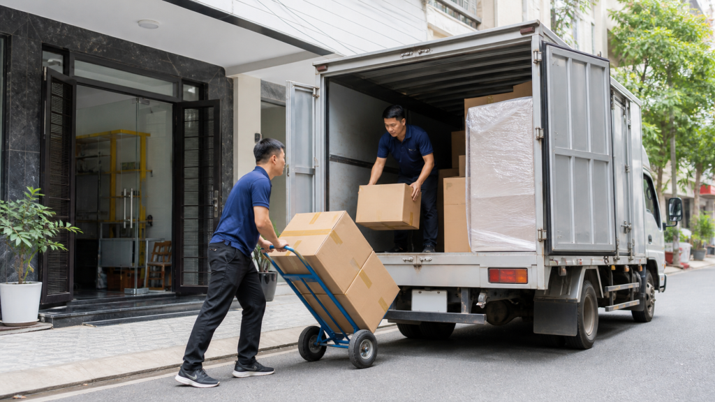 Nhân viên chuyển các thùng hàng lên xe tải nhỏ trong thành phố Việt Nam