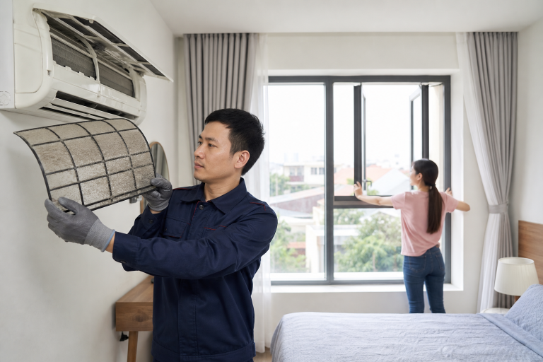 Kỹ thuật viên kiểm tra lưới lọc máy lạnh có mùi