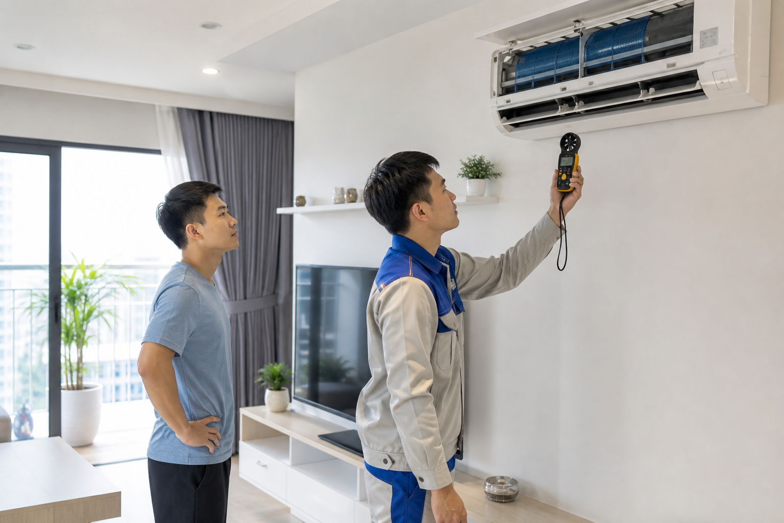 Kỹ thuật viên đo luồng gió máy lạnh không lạnh