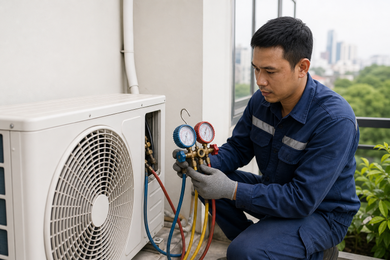 Kỹ thuật viên đo áp suất gas máy lạnh bằng đồng hồ chuyên dụng
