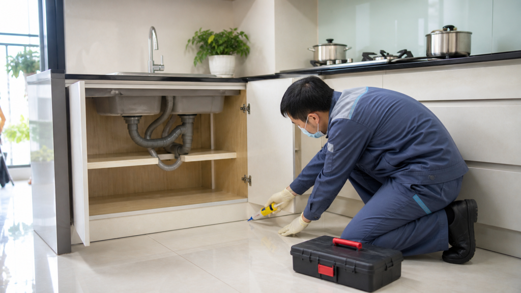 Kỹ thuật viên xử lý gián bằng gel trong căn bếp gia đình Việt Nam