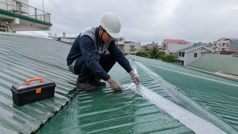 Thợ sửa mái tôn bị dột trên mái nhà phố Việt Nam