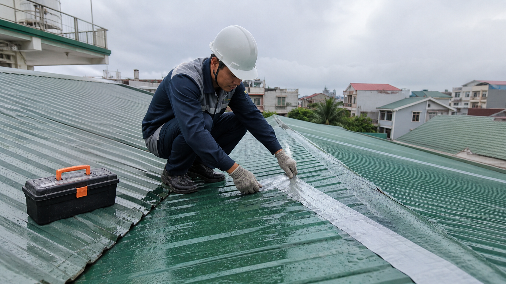Thợ sửa mái tôn bị dột trên mái nhà phố Việt Nam