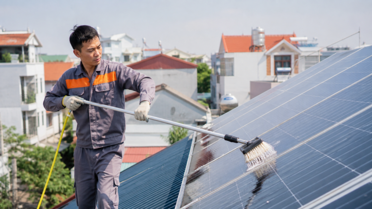 Kỹ thuật viên vệ sinh tấm pin năng lượng mặt trời trên mái nhà Việt Nam