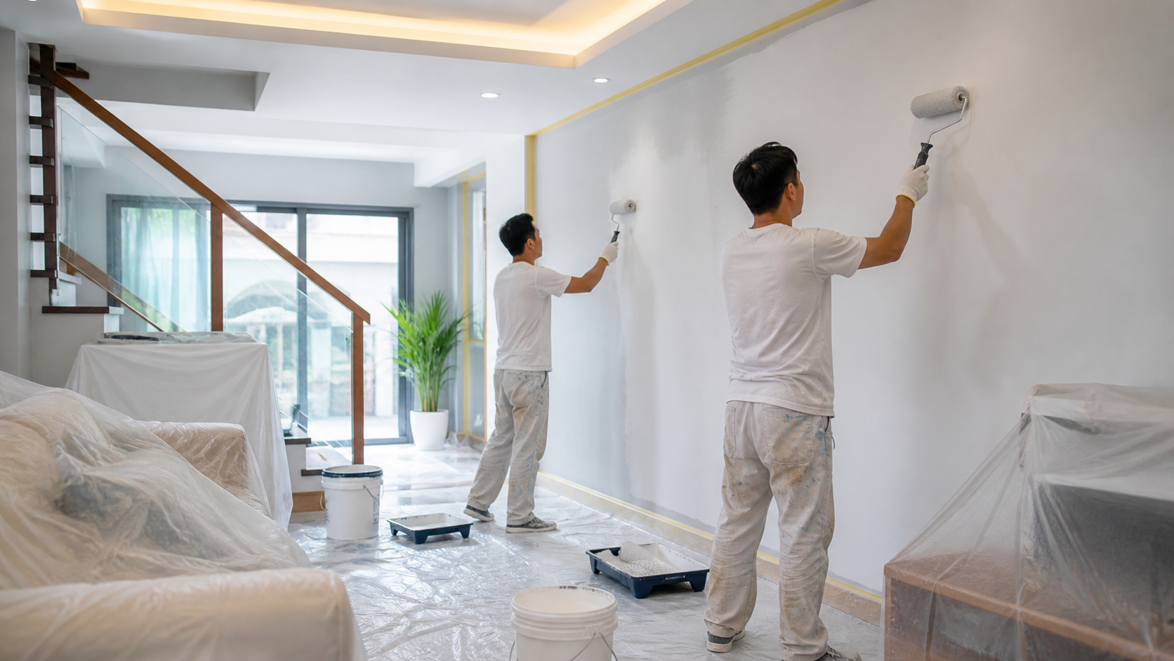 Thợ sơn nhà đang sơn tường phòng khách có che phủ nội thất