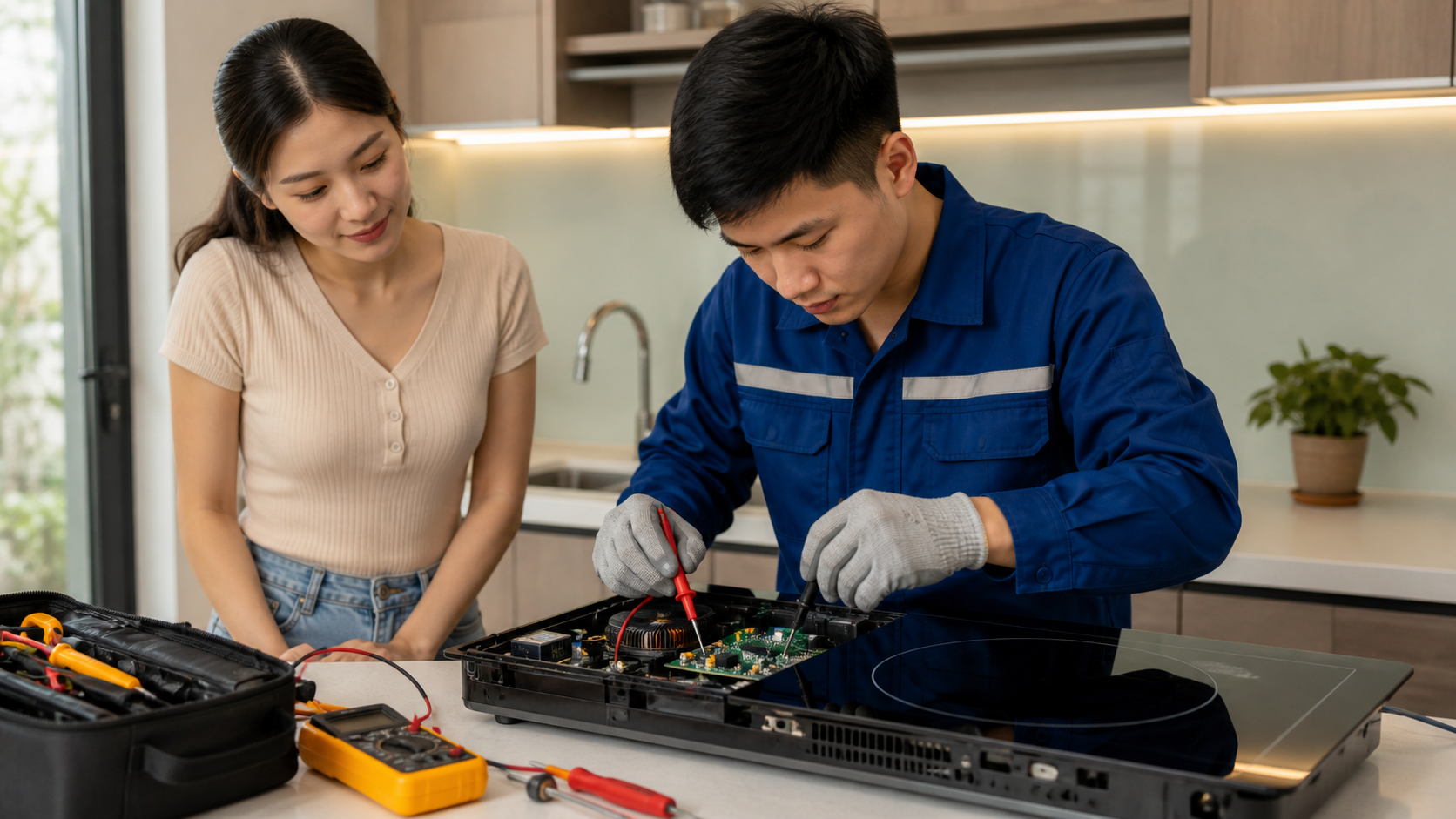 Kỹ thuật viên kiểm tra bo mạch bếp từ trong bếp gia đình