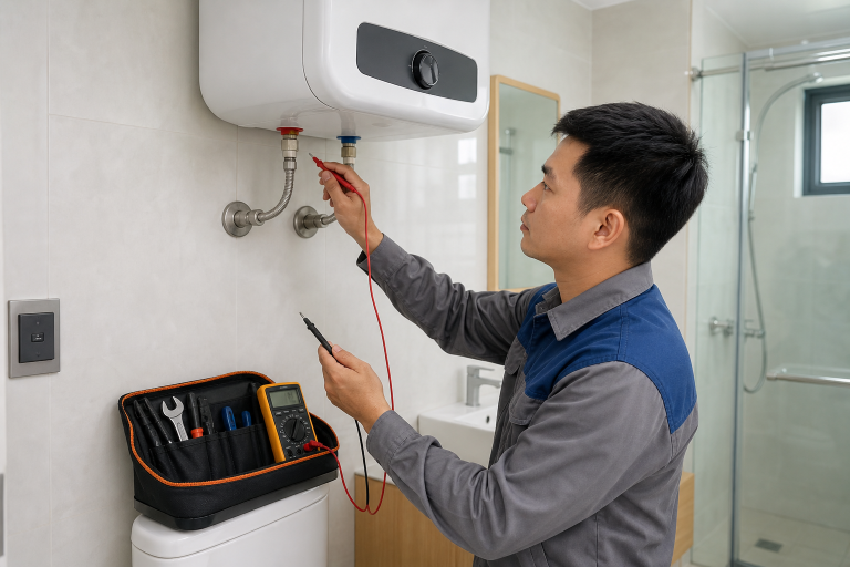 Kỹ thuật viên kiểm tra bình nóng lạnh bằng đồng hồ đo điện