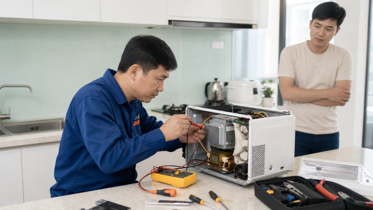 Kỹ thuật viên kiểm tra lò vi sóng trong bếp gia đình