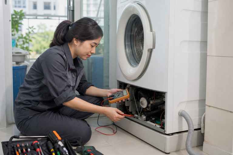 Kỹ thuật viên kiểm tra máy giặt cửa trước bằng đồng hồ đo điện