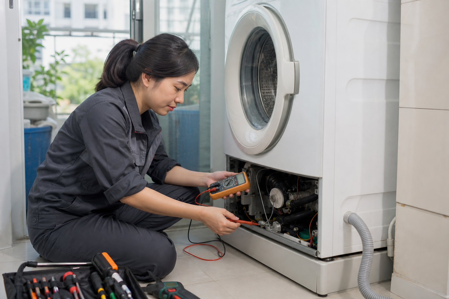 Kỹ thuật viên kiểm tra máy giặt cửa trước bằng đồng hồ đo điện
