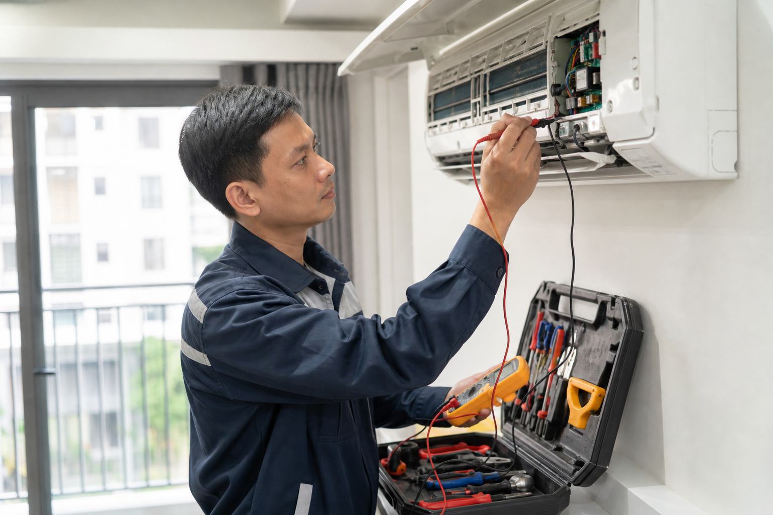 Kỹ thuật viên kiểm tra bo mạch khi sửa máy lạnh tại nhà