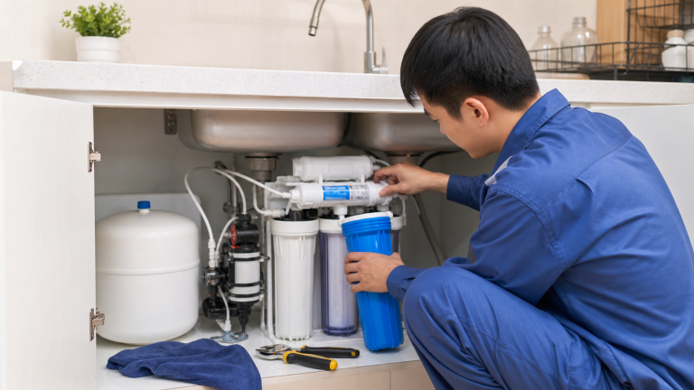 Kỹ thuật viên kiểm tra máy lọc nước dưới bồn rửa