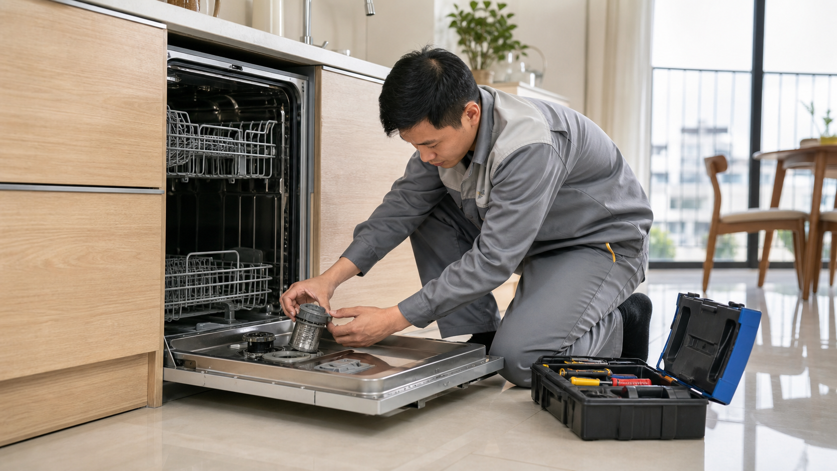 Kỹ thuật viên kiểm tra máy rửa bát tại nhà