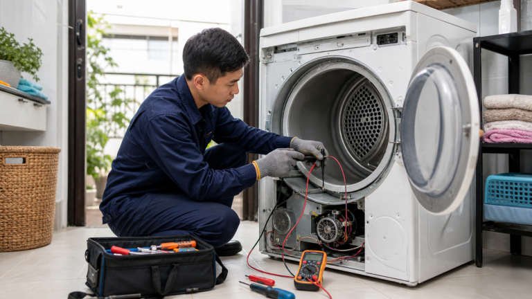 Kỹ thuật viên kiểm tra máy sấy quần áo tại nhà