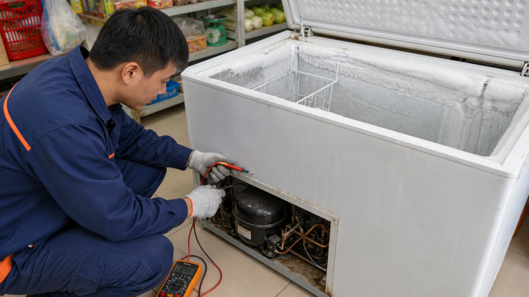 Kỹ thuật viên kiểm tra tủ đông bị đóng tuyết tại cửa hàng