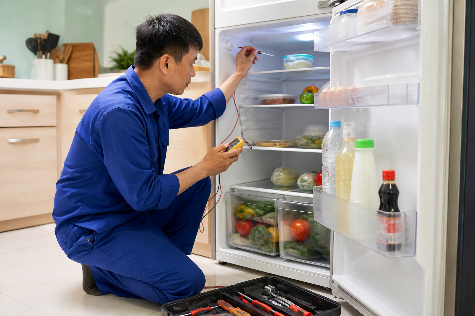 Kỹ thuật viên kiểm tra nhiệt độ tủ lạnh tại nhà