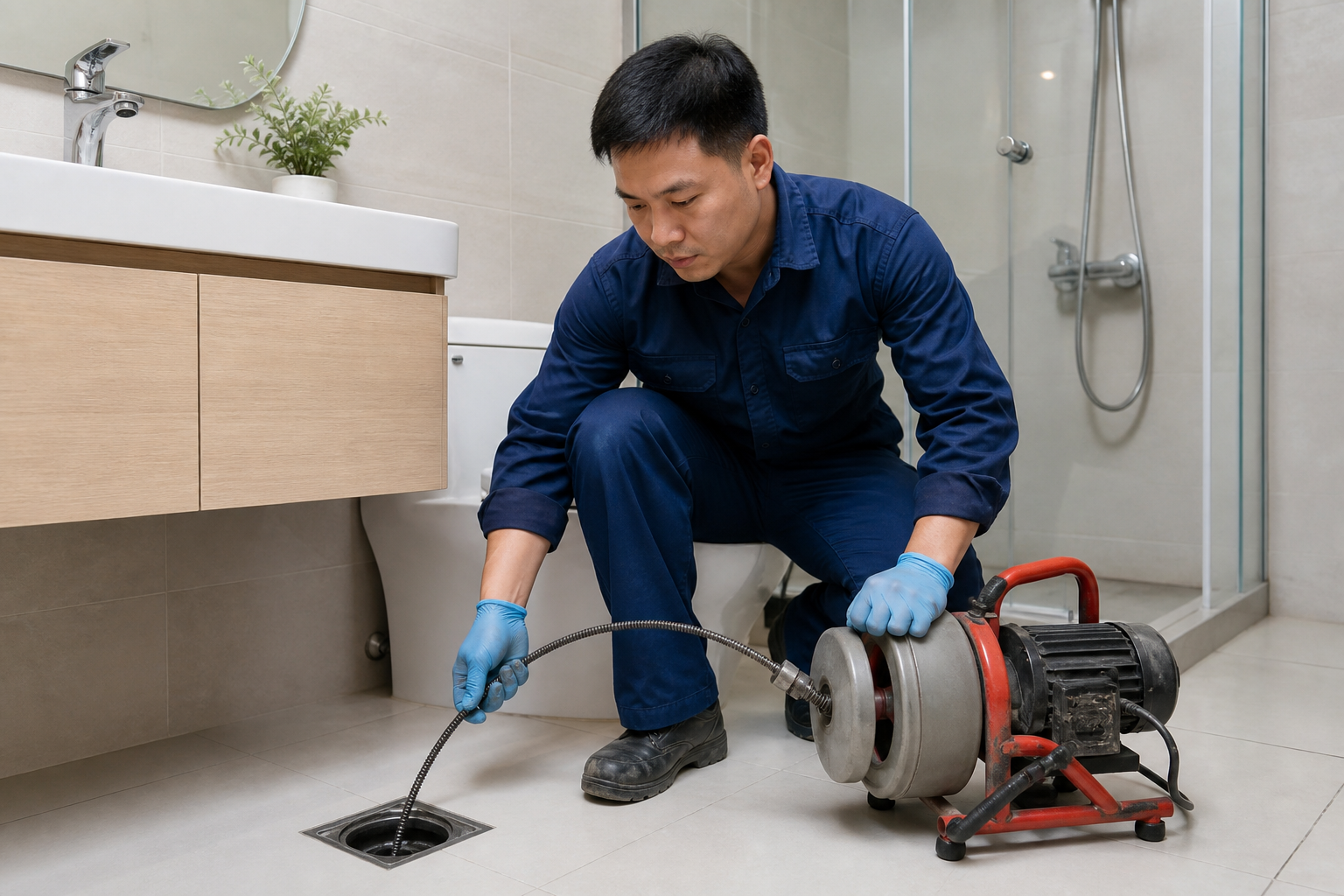 Kỹ thuật viên dùng máy lò xo thông cống nghẹt