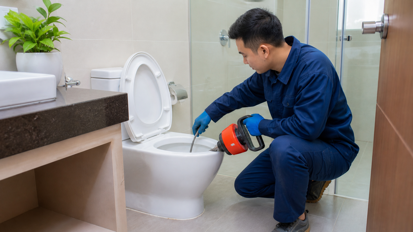 Thợ thông tắc bồn cầu bằng dụng cụ chuyên dụng trong nhà vệ sinh