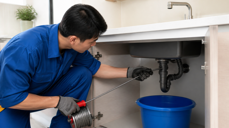 Thợ thông tắc lavabo bằng dụng cụ chuyên dụng trong căn bếp Việt Nam