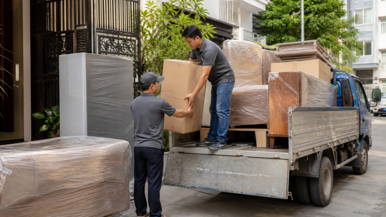 Nhân viên đang xếp hàng lên xe bán tải để chở hàng tại Việt Nam