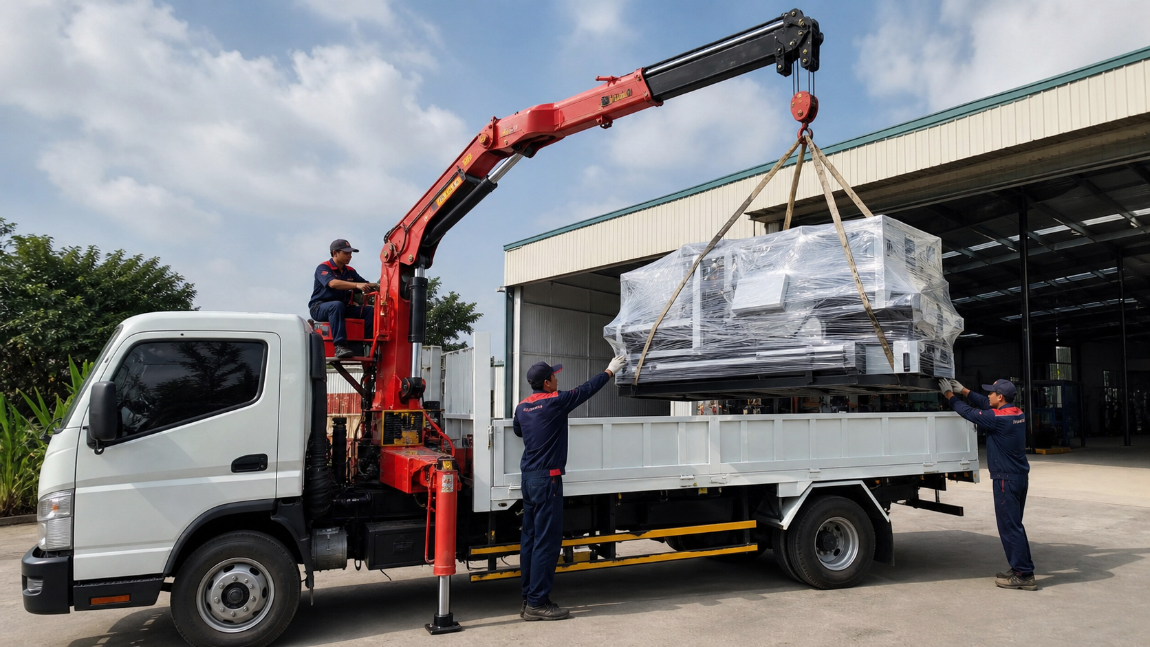 Xe cẩu tự hành đang nâng hàng nặng lên thùng xe tại kho