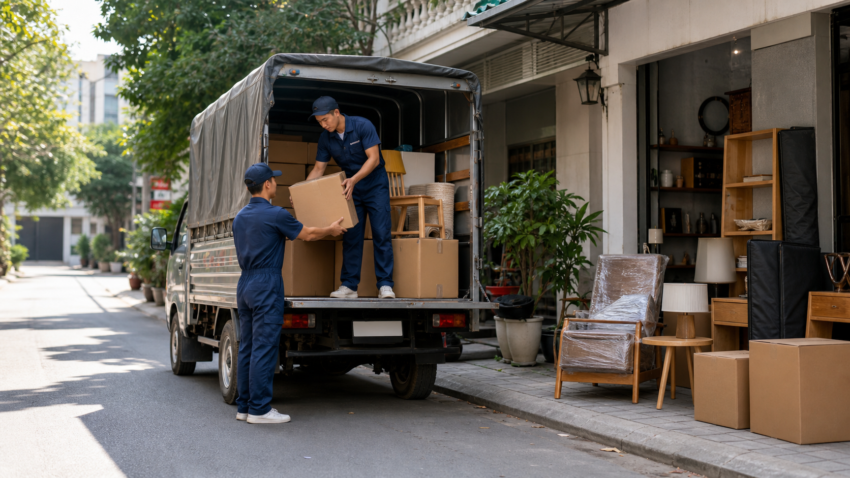 Nhân viên xếp hàng lên xe tải nhỏ tại Việt Nam