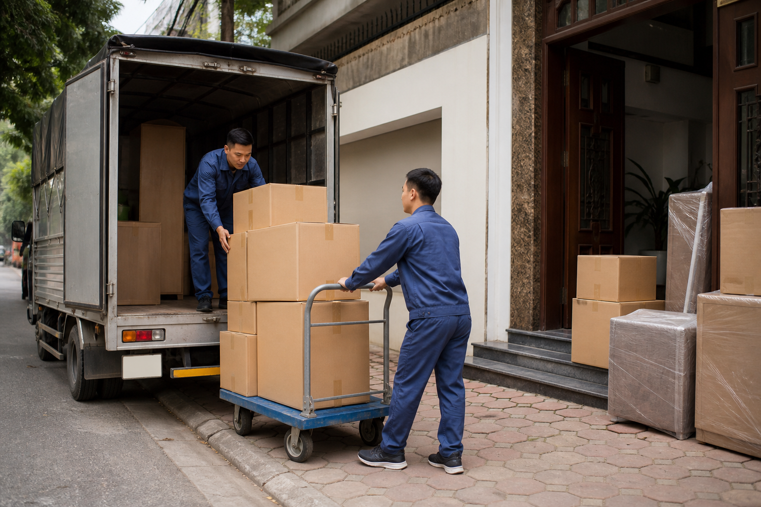 Nhân viên bốc xếp thùng đồ lên xe tải chuyển nhà