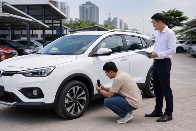 Khách hàng kiểm tra và chụp ảnh xe ô tô tự lái trước khi nhận