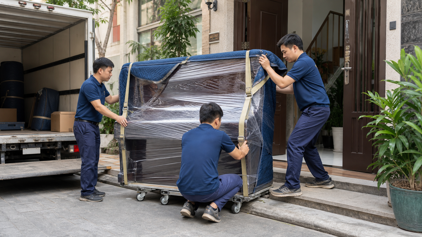 Đội vận chuyển bọc và di chuyển đàn piano đứng