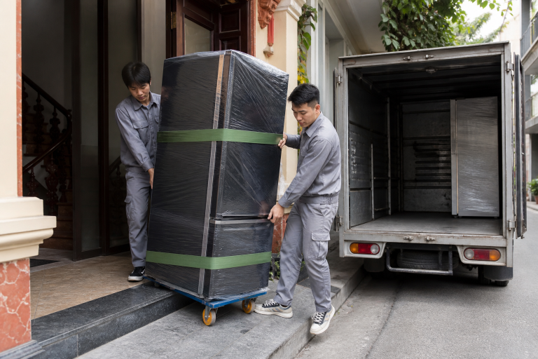 Nhân viên vận chuyển tủ lạnh theo tư thế đứng bằng xe đẩy