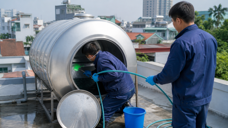 Nhân viên vệ sinh bồn nước inox trên mái nhà phố Việt Nam