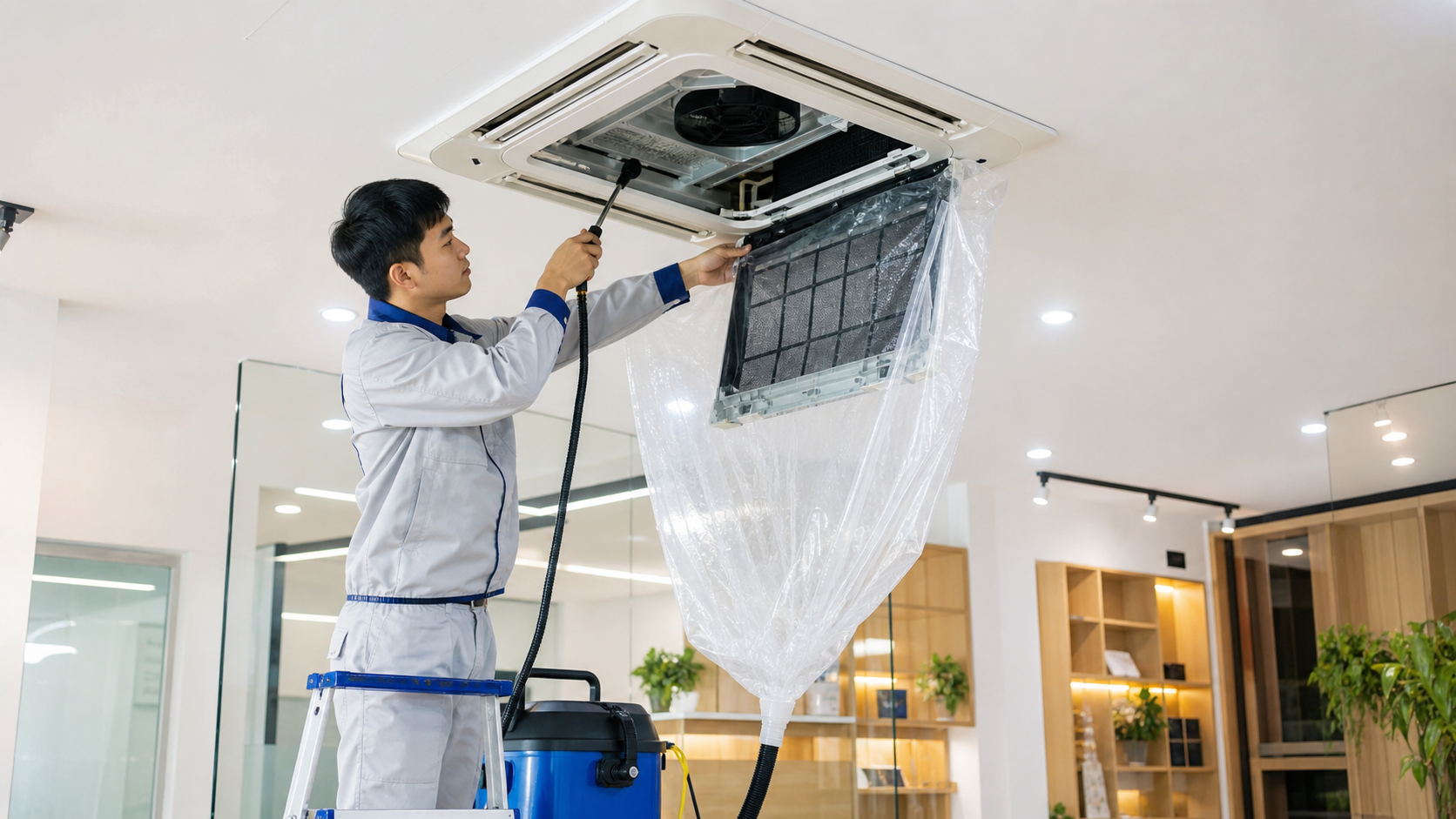 Kỹ thuật viên vệ sinh điều hòa âm trần cassette trong văn phòng